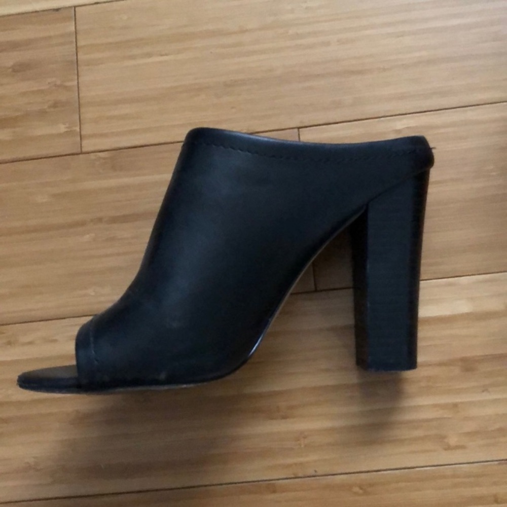 Black leather slip on heels